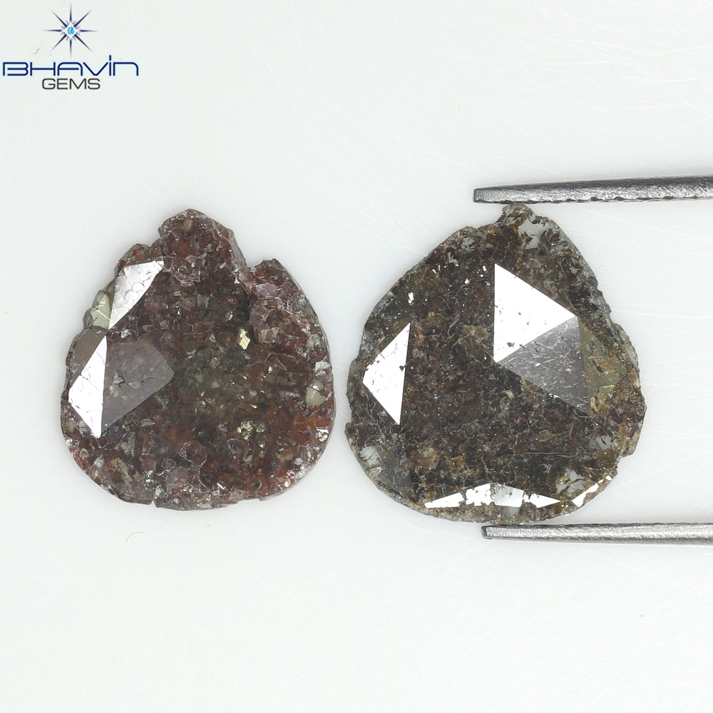 2.75 CT (2 ピース) ペアー スライス シェイプ ナチュラル ダイヤモンド ブラウン カラー I3 クラリティ (11.55 MM)
