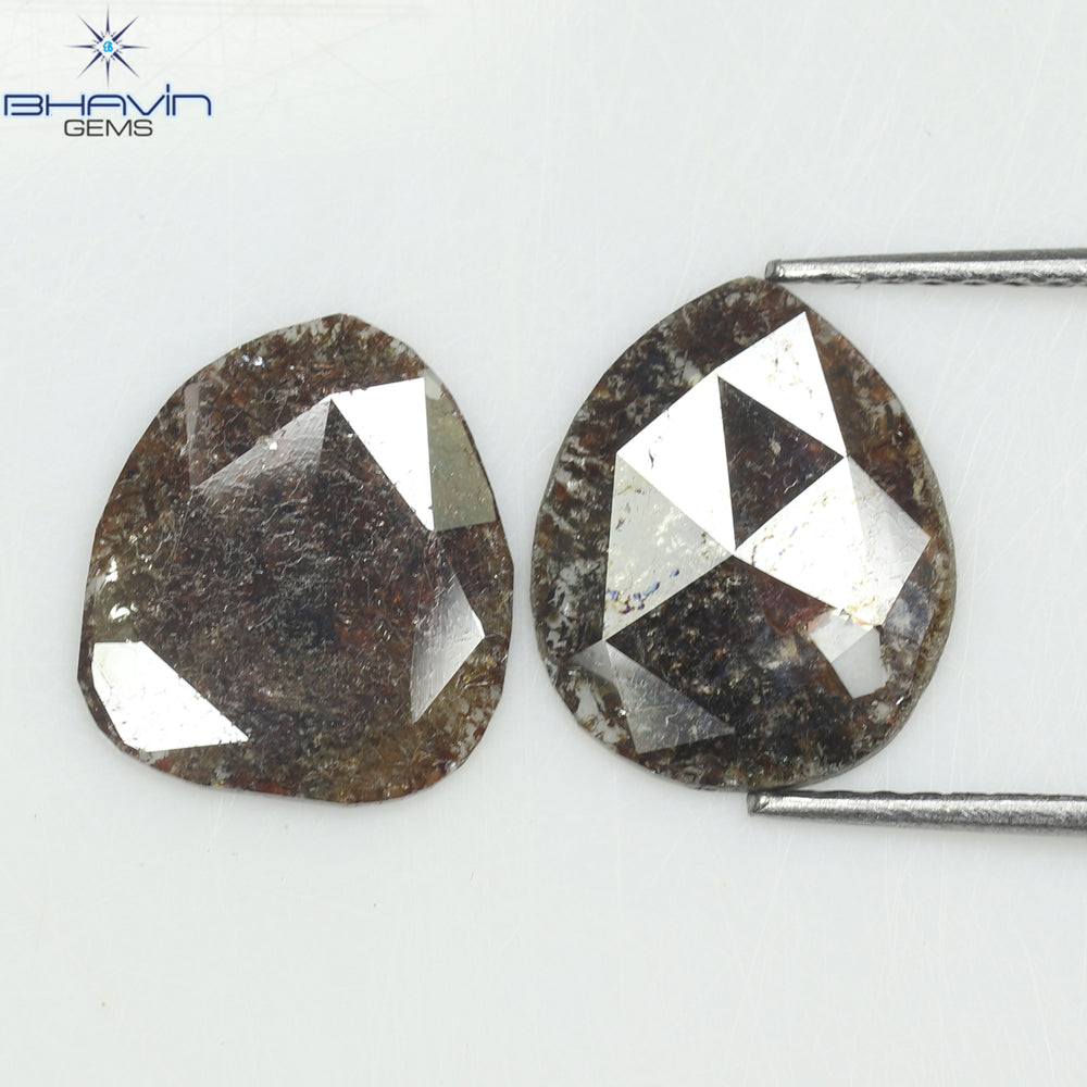2.45 CT (2 個) ペアー スライス シェイプ ナチュラル ダイヤモンド ブラウン カラー I3 クラリティ (11.16 MM)