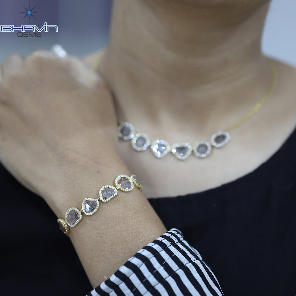 Diamond Bracelet, Slice Rose cut Diamond, Brown Color, Yellow Gold String lock Engagement Wedding Gift