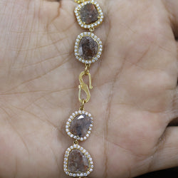 Diamond Bracelet, Slice Rose cut Diamond, Brown Color, Yellow Gold String lock Engagement Wedding Gift