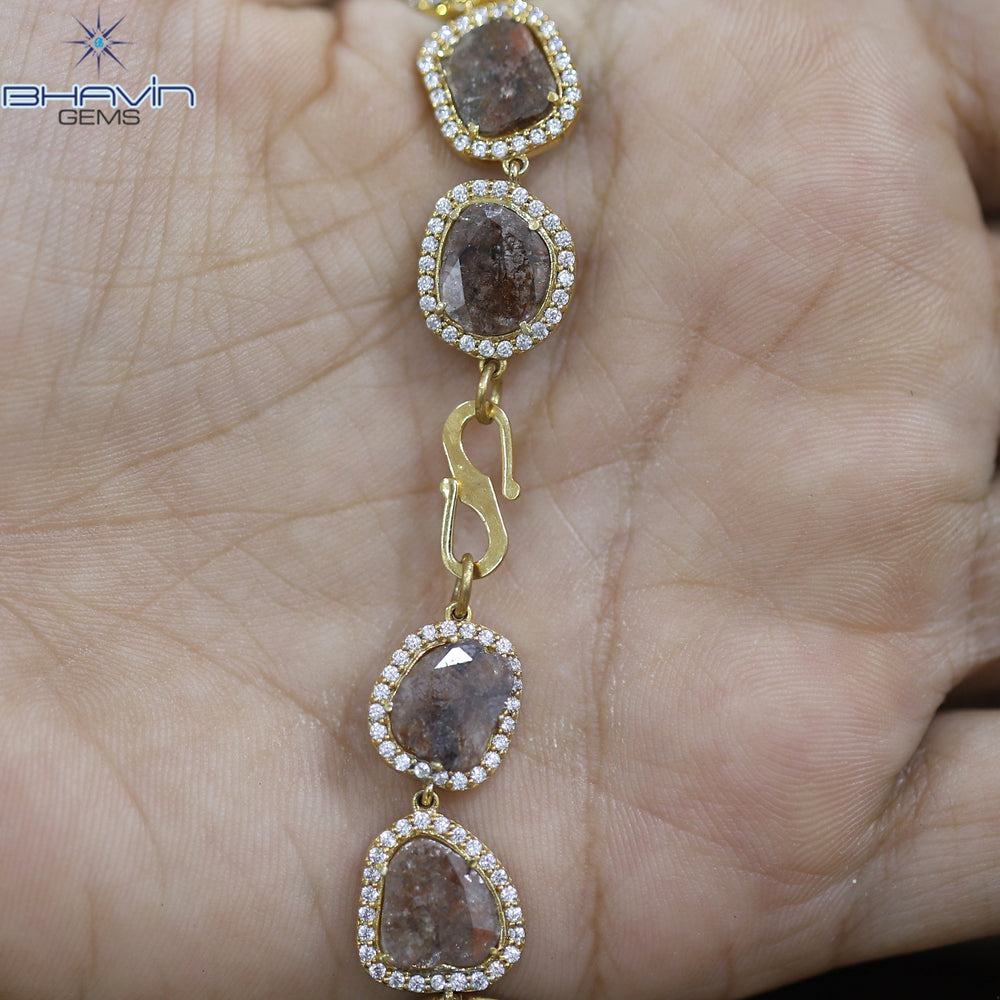 Diamond Bracelet, Slice Rose cut Diamond, Brown Color, Yellow Gold String lock Engagement Wedding Gift