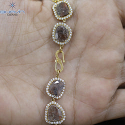 Diamond Bracelet, Slice Rose cut Diamond, Brown Color, Yellow Gold String lock Engagement Wedding Gift