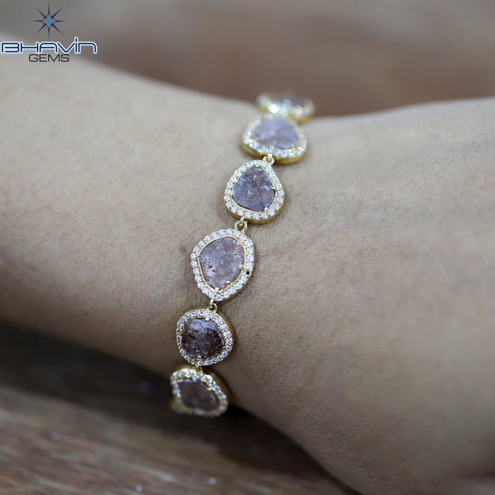Diamond Bracelet, Slice Rose cut Diamond, Brown Color, Yellow Gold String lock Engagement Wedding Gift