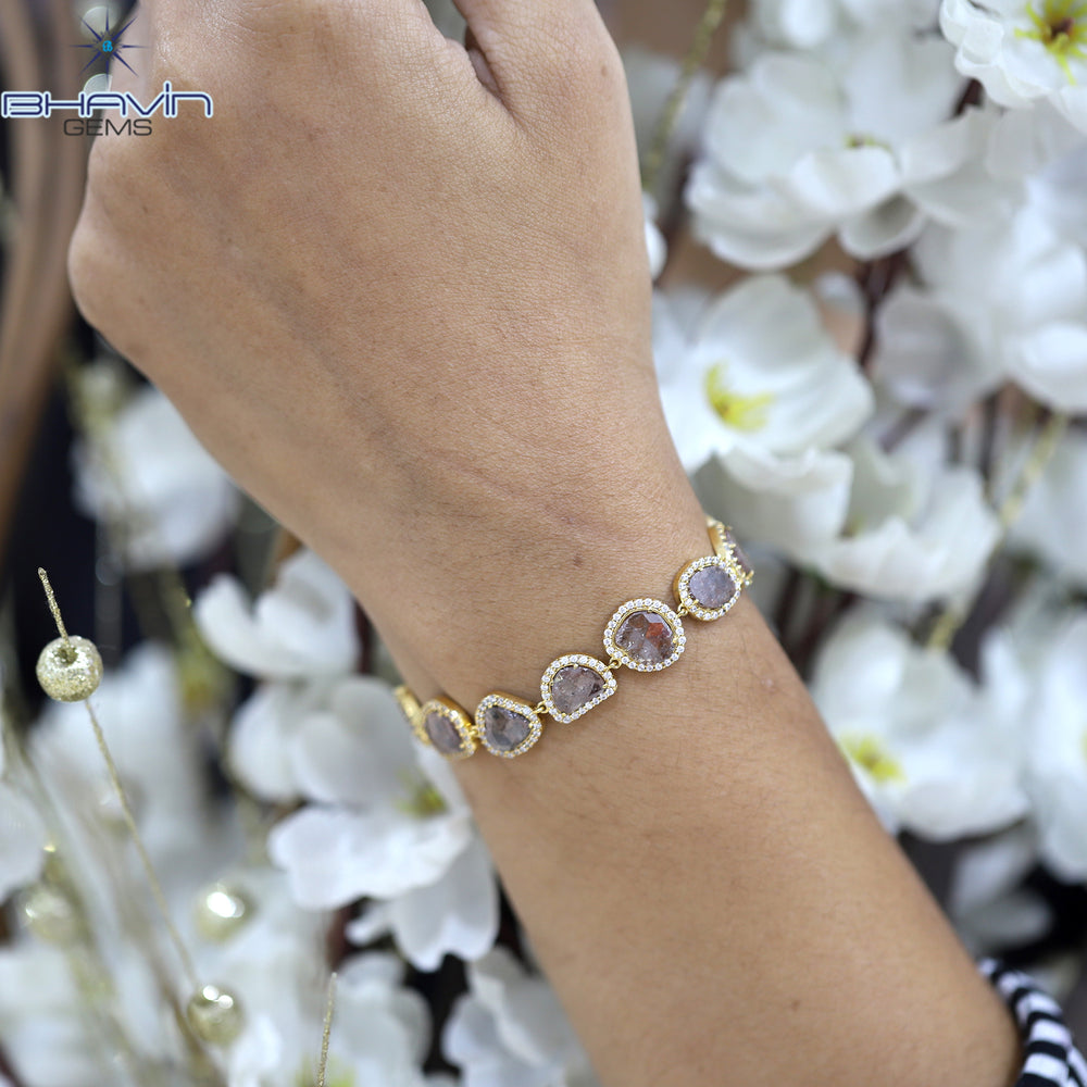 Diamond Bracelet, Slice Rose cut Diamond, Brown Color, Yellow Gold String lock Engagement Wedding Gift