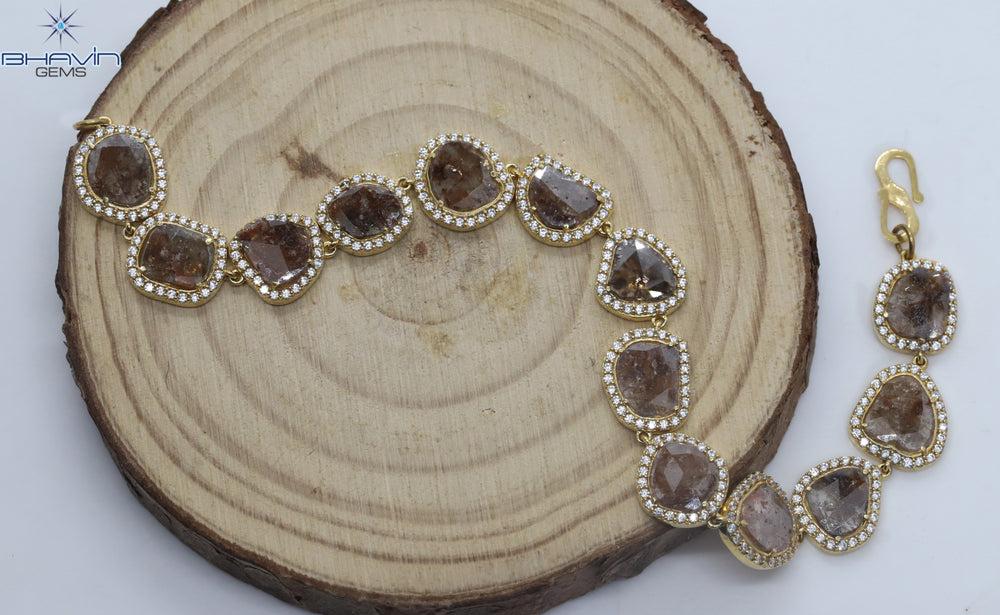 Diamond Bracelet, Slice Rose cut Diamond, Brown Color, Yellow Gold String lock Engagement Wedding Gift