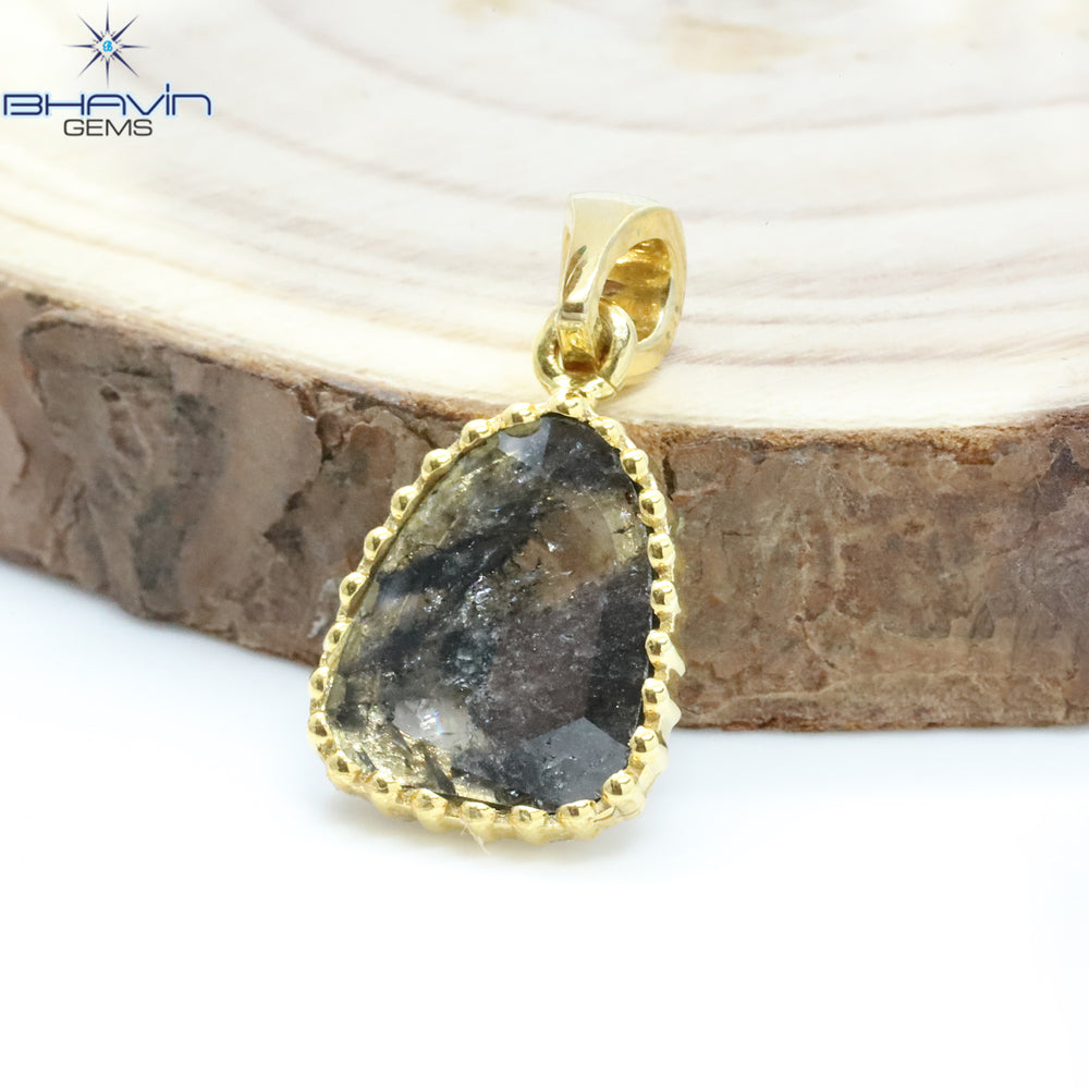 Diamond Pendant, Slice Diamond, Salt And pepper Diamond, Yellow Gold Pendant, Bridal Necklace, Pendant