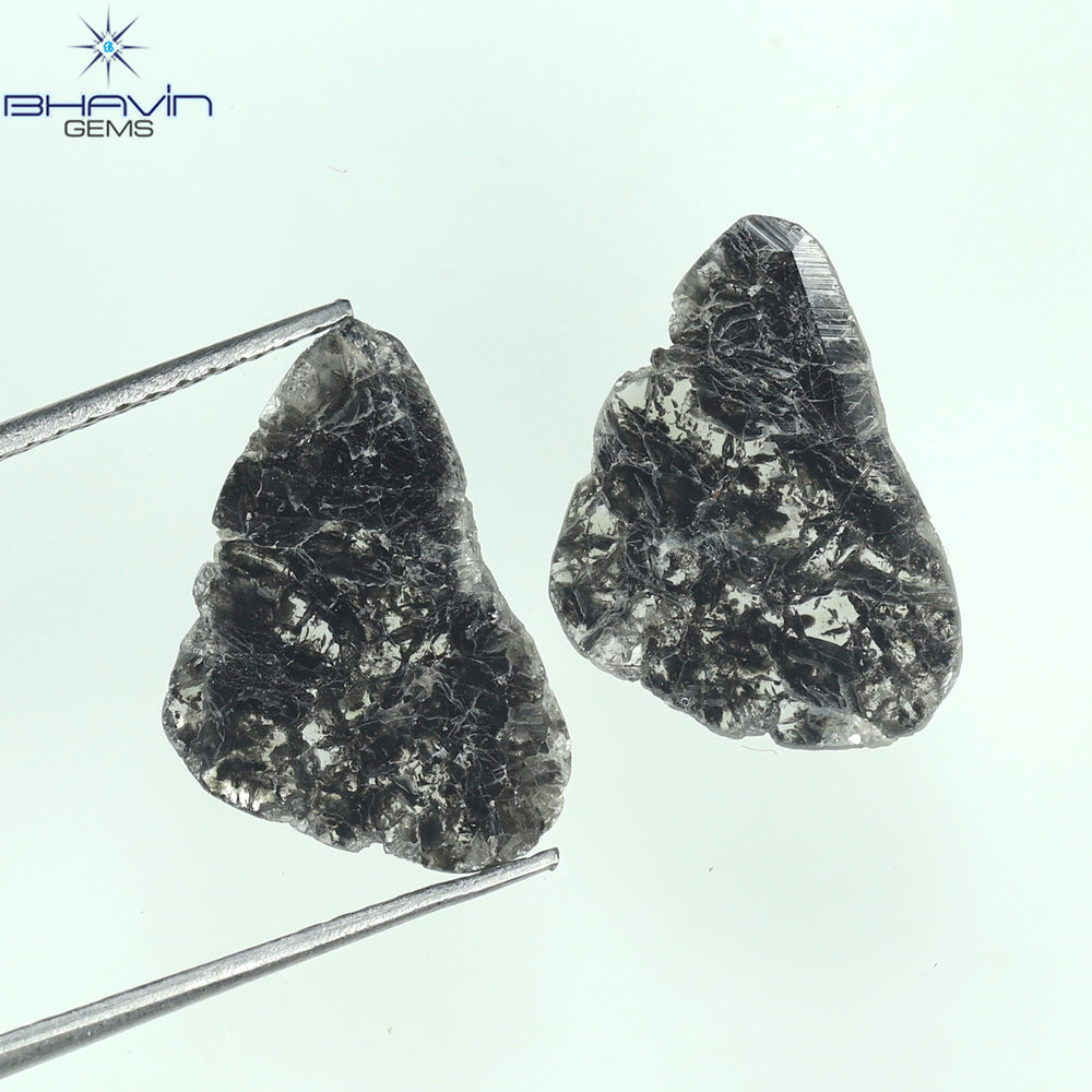 3.44 CT/2 Pcs Slice Shape Natural Diamond Salt And Pepper Color I3 Clarity (14.15 MM)