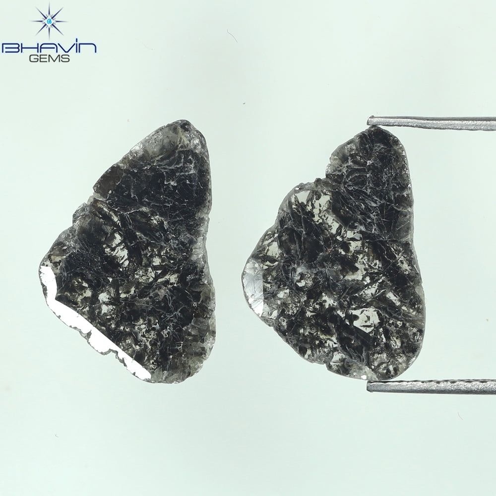 3.44 CT/2 Pcs Slice Shape Natural Diamond Salt And Pepper Color I3 Clarity (14.15 MM)