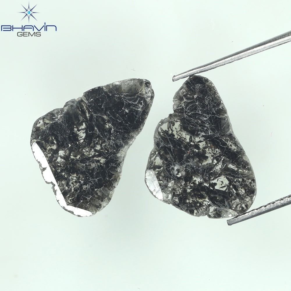 3.44 CT/2 Pcs Slice Shape Natural Diamond Salt And Pepper Color I3 Clarity (14.15 MM)