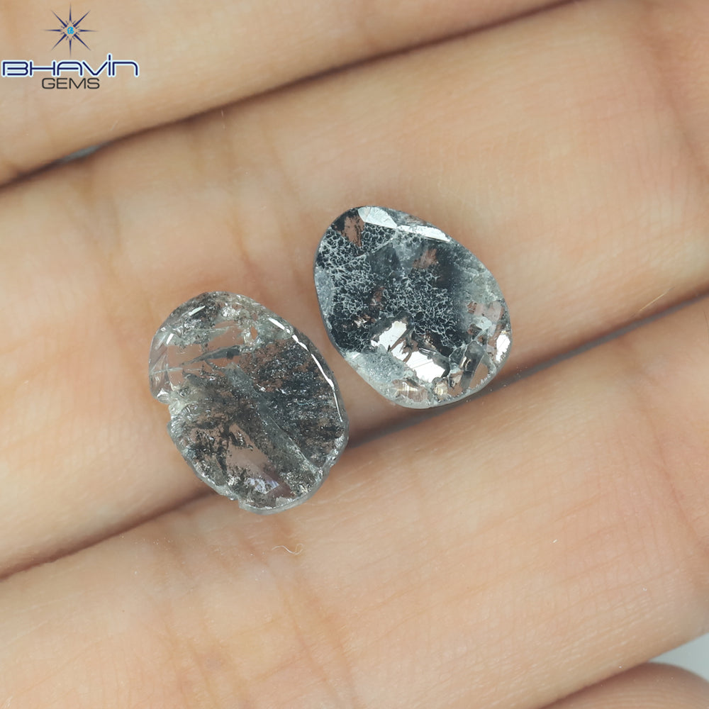 1.82 CT/2 個のスライス形状天然ダイヤモンド ソルト アンド ペッパー カラー I3 クラリティ (10.38 MM)