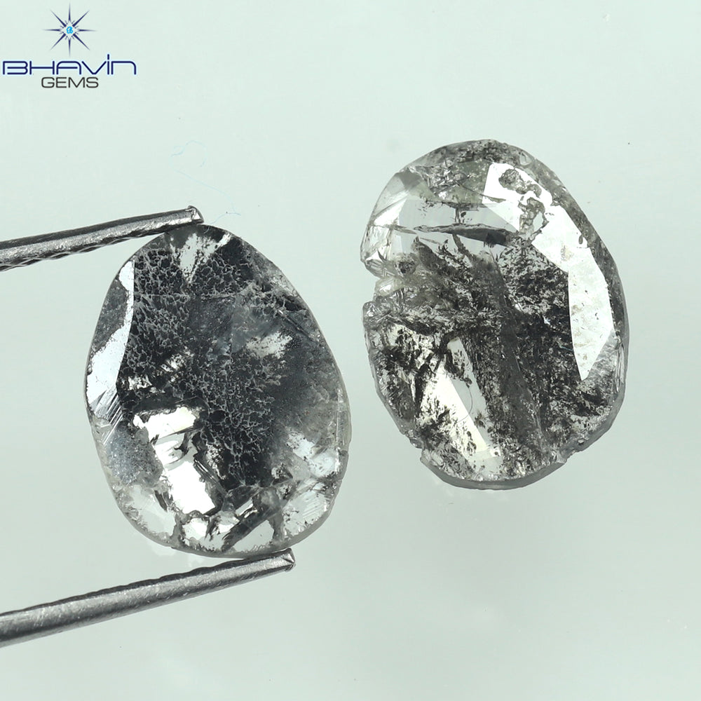 1.82 CT/2 個のスライス形状天然ダイヤモンド ソルト アンド ペッパー カラー I3 クラリティ (10.38 MM)
