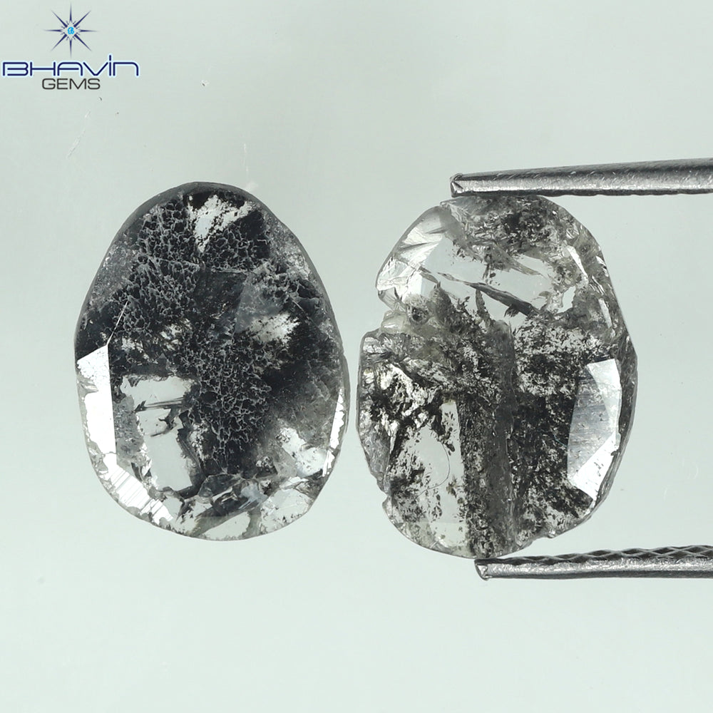 1.82 CT/2 個のスライス形状天然ダイヤモンド ソルト アンド ペッパー カラー I3 クラリティ (10.38 MM)