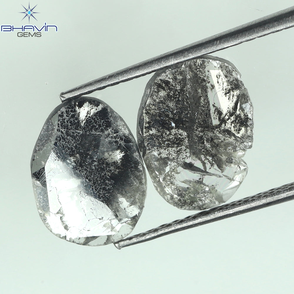 1.82 CT/2 個のスライス形状天然ダイヤモンド ソルト アンド ペッパー カラー I3 クラリティ (10.38 MM)