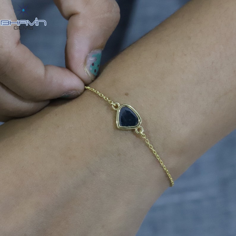 Diamond Bracelet, Heart Uncut Slice Rose cut Diamond, Blue Color, Yellow Gold String lock Engagement Wedding Gift