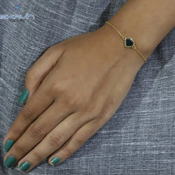 Diamond Bracelet, Heart Uncut Slice Rose cut Diamond, Blue Color, Yellow Gold String lock Engagement Wedding Gift