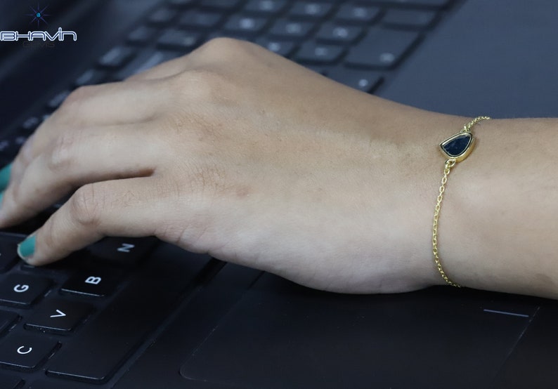 Diamond Bracelet, Heart Uncut Slice Rose cut Diamond, Blue Color, Yellow Gold String lock Engagement Wedding Gift