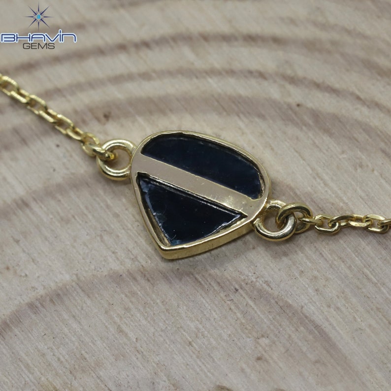 Diamond Bracelet, Heart Uncut Slice Rose cut Diamond, Blue Color, Yellow Gold String lock Engagement Wedding Gift