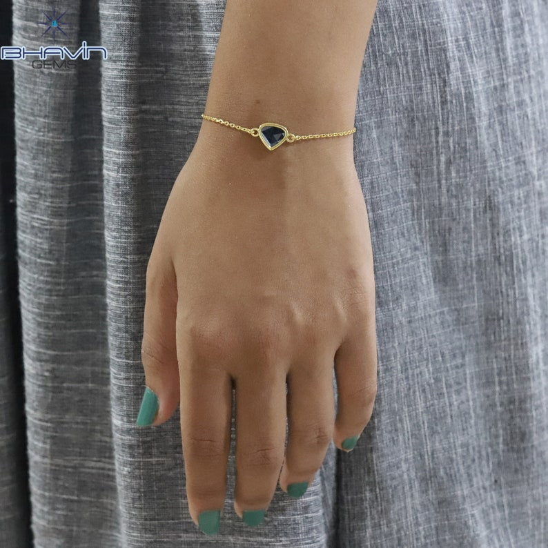 Diamond Bracelet, Heart Uncut Slice Rose cut Diamond, Blue Color, Yellow Gold String lock Engagement Wedding Gift