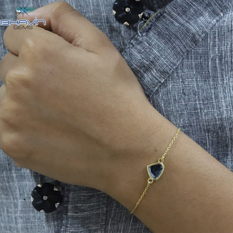 Diamond Bracelet, Heart Uncut Slice Rose cut Diamond, Blue Color, Yellow Gold String lock Engagement Wedding Gift