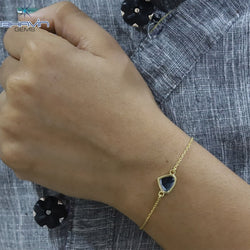 Diamond Bracelet, Heart Uncut Slice Rose cut Diamond, Blue Color, Yellow Gold String lock Engagement Wedding Gift