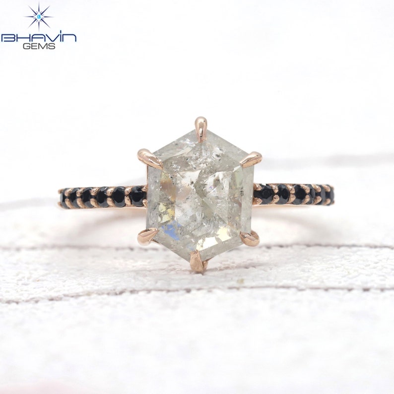 Hexagon Diamond Salt And Pepper Diamond Natural Diamond Ring Gold Ring Engagement Ring