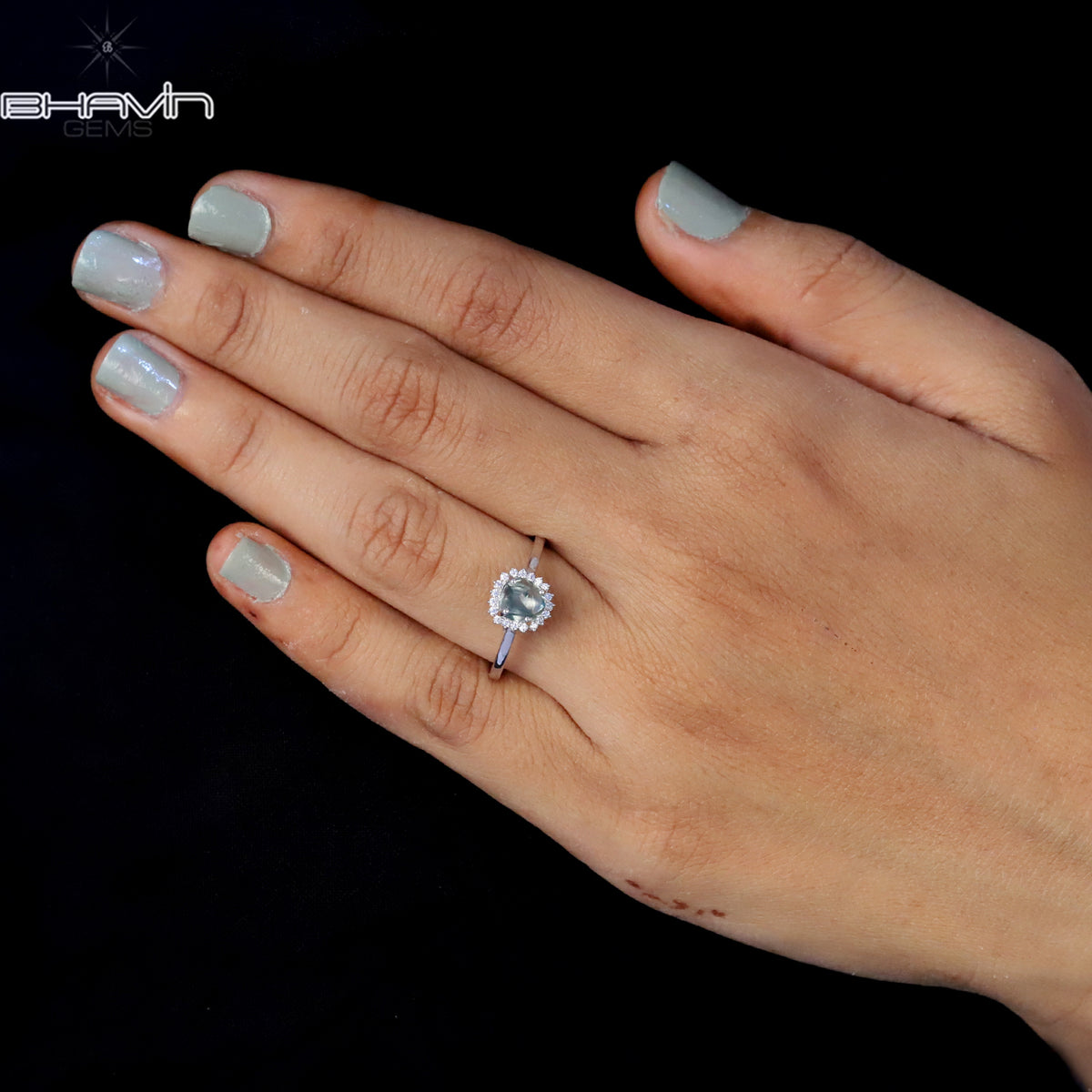 Natural Uncut Mint Blue Diamond Sunburst Ring