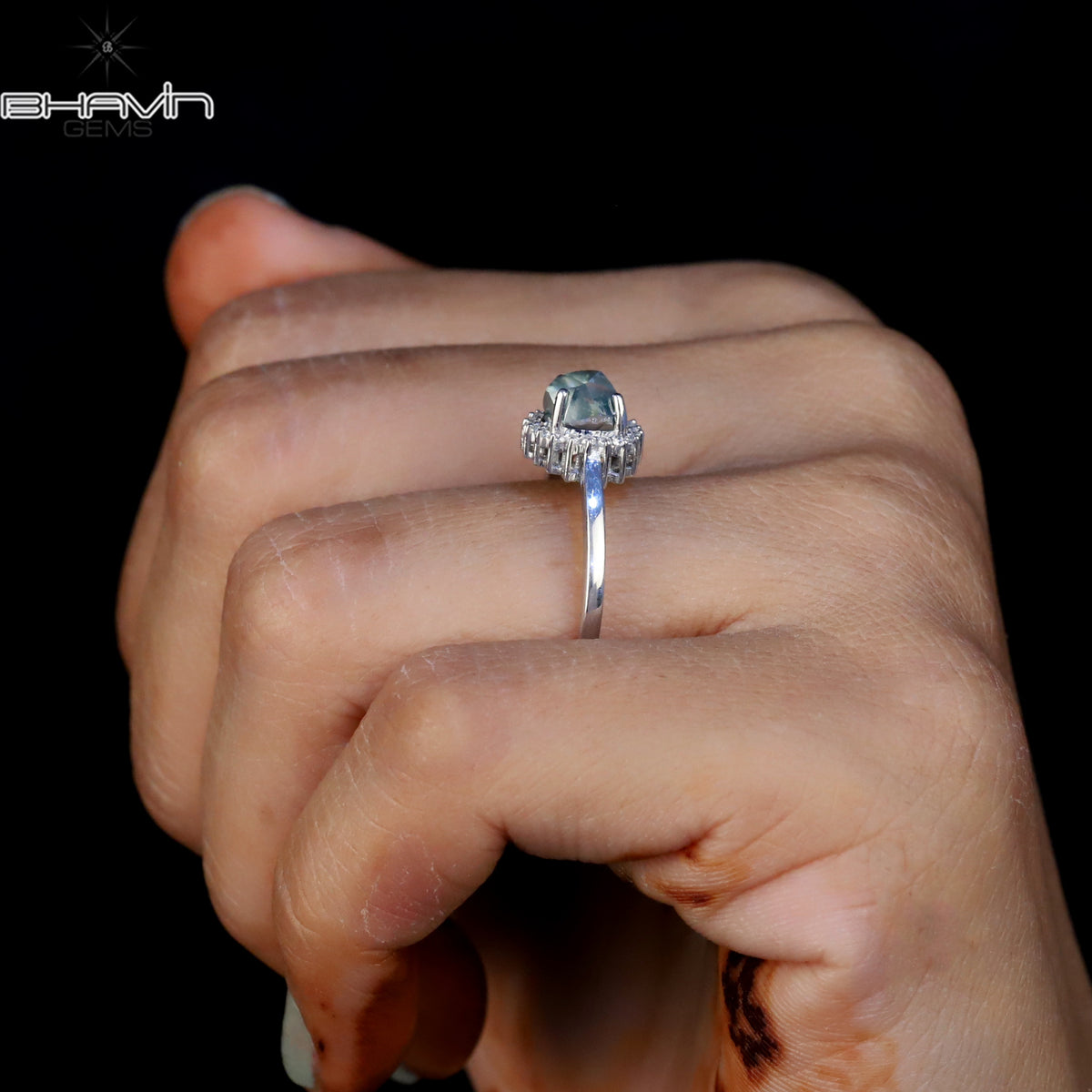 Natural Uncut Mint Blue Diamond Sunburst Ring