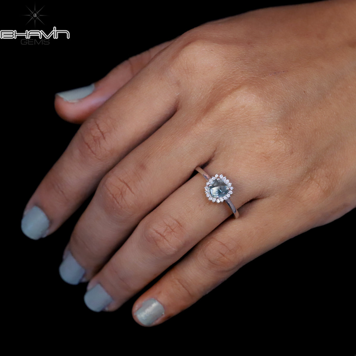 Natural Uncut Mint Blue Diamond Sunburst Ring
