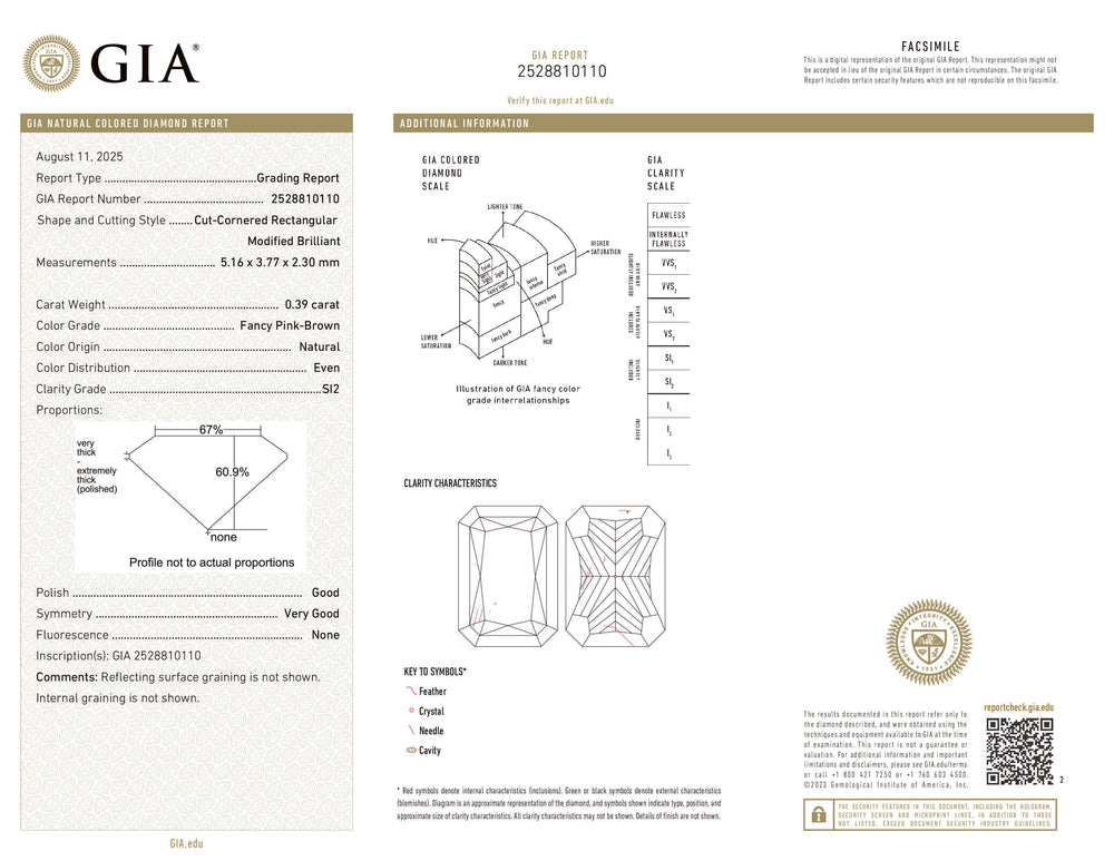GIA Certified 0.39 CT Radiant Diamond Natural Pink Brown Color SI2 Clarity (5.16 MM)
