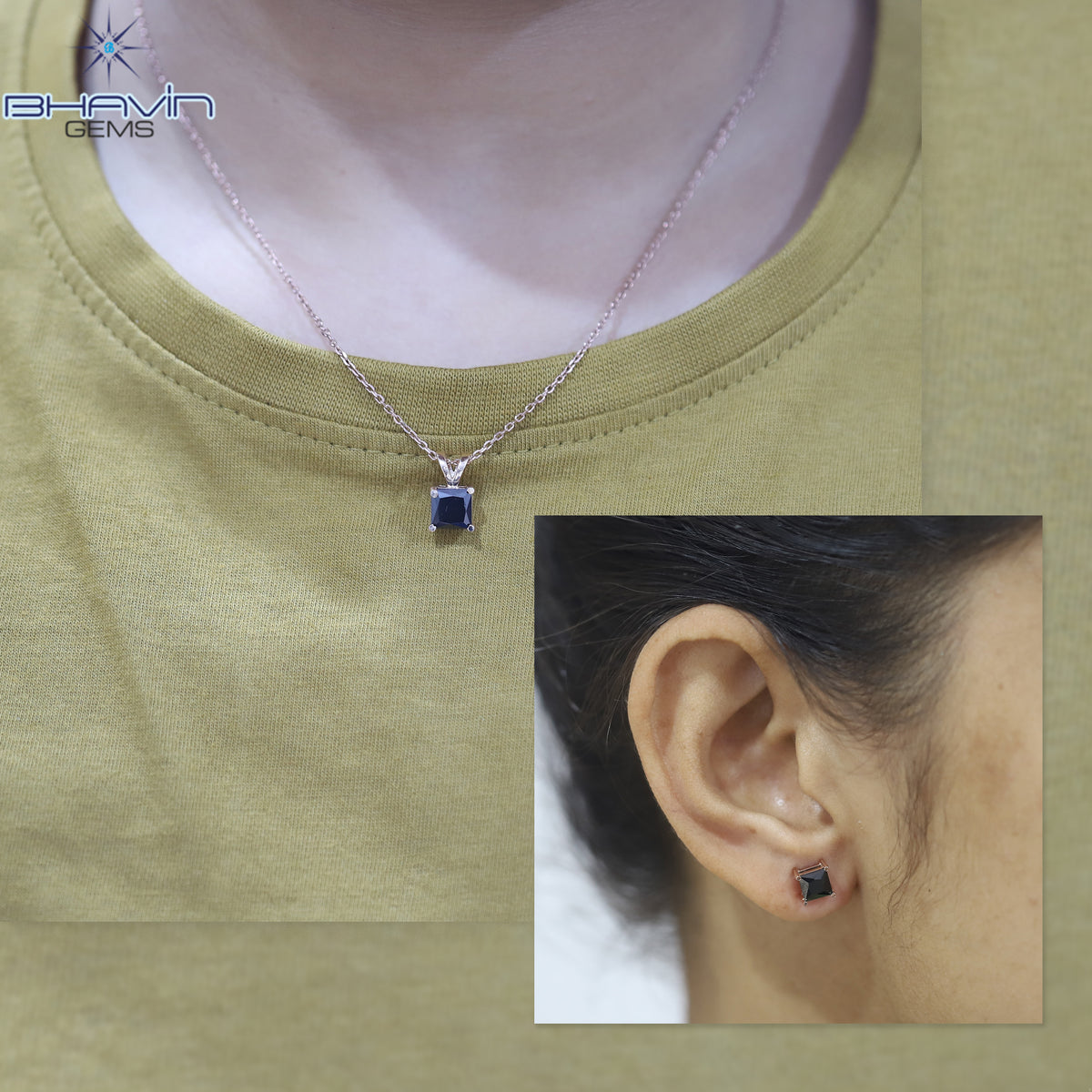 Noir Princess-Cut Black Diamond Pendant & Stud Earrings Set