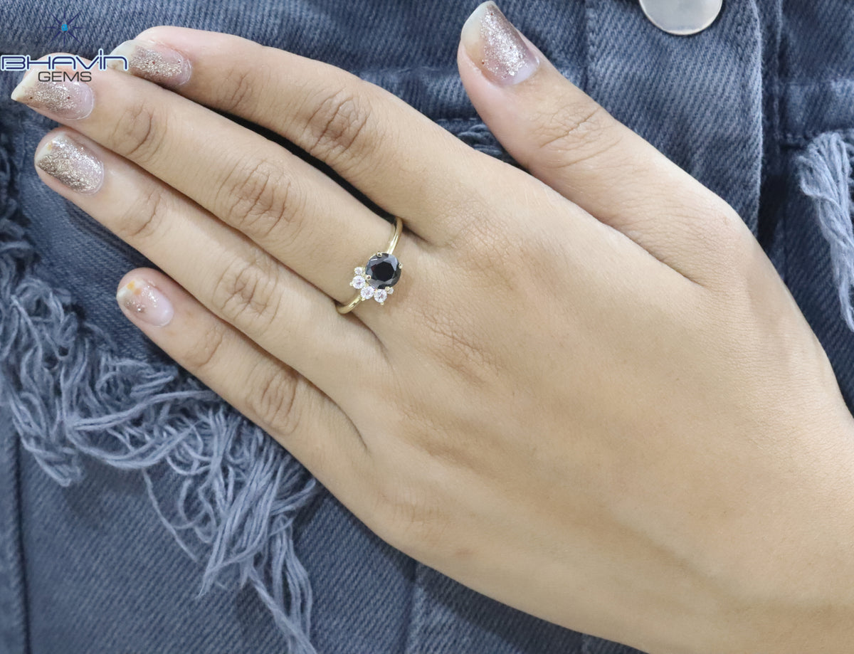 Natural Black Diamond Center Stone Ring with Floral Diamond Setting
