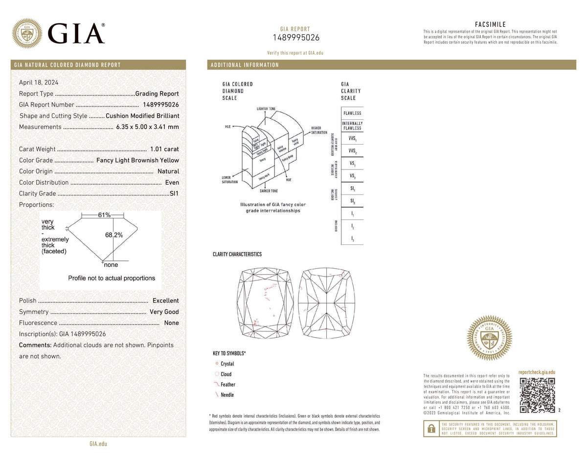 GIA Certified 1.01 CT Cushion Diamond Natural Brownish Yellow Color (6.35 MM)