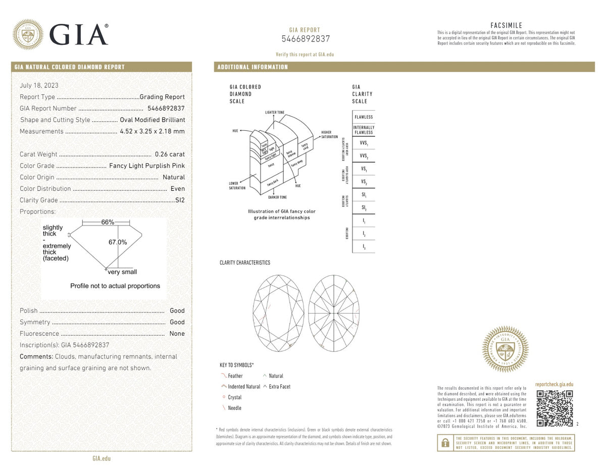 GIA Certified 0.26 CT Oval Shape Natural Diamond Purplish Pink Color SI2 Clarity (4.52 MM)