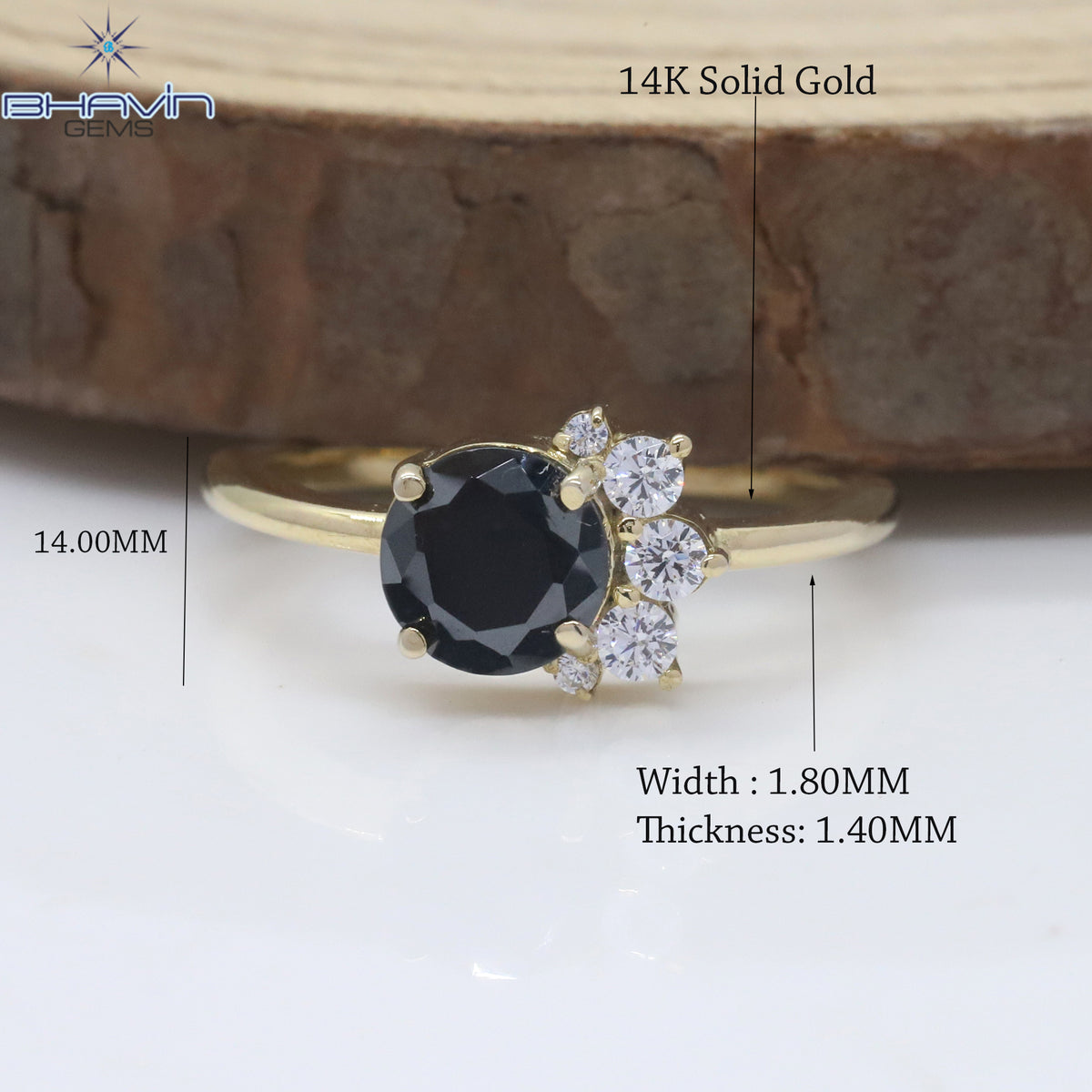 Natural Black Diamond Center Stone Ring with Floral Diamond Setting