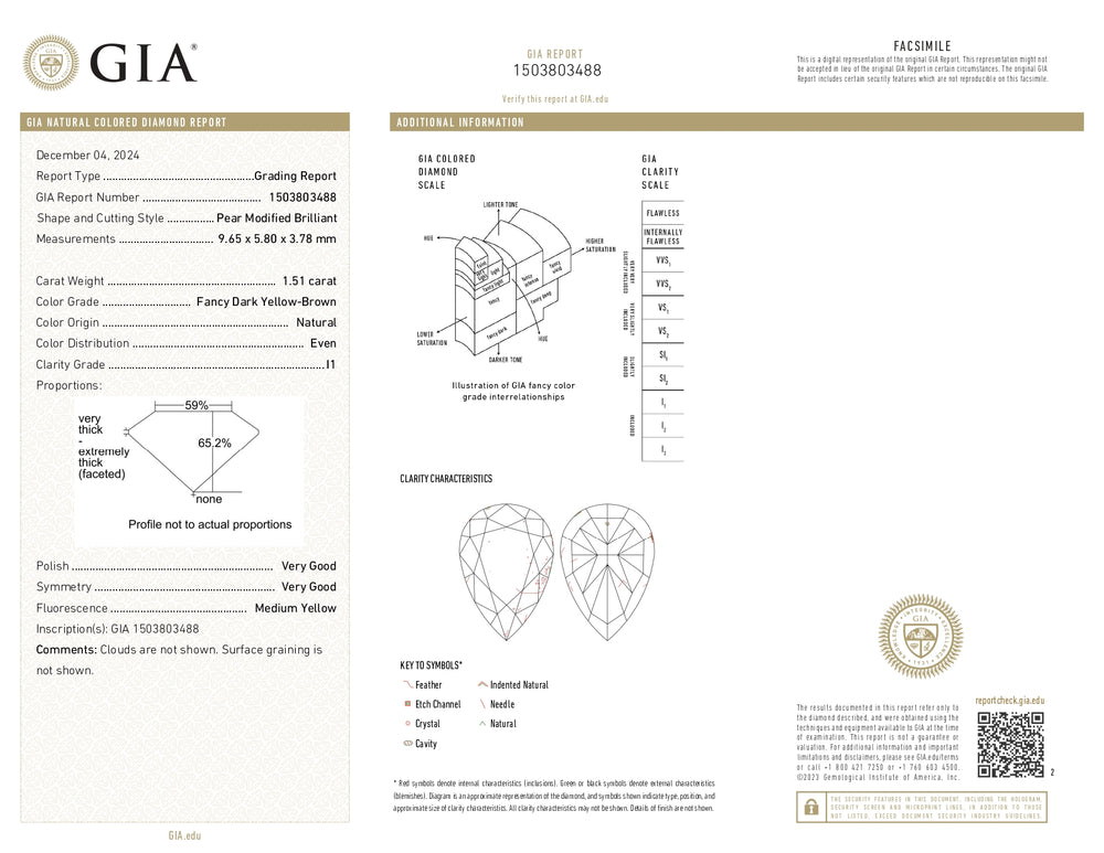 GIA Certified 1.51 CT Natural Pear Diamond Fancy Dark Yellow-Brown Color Clarity I1 (9.65 MM)