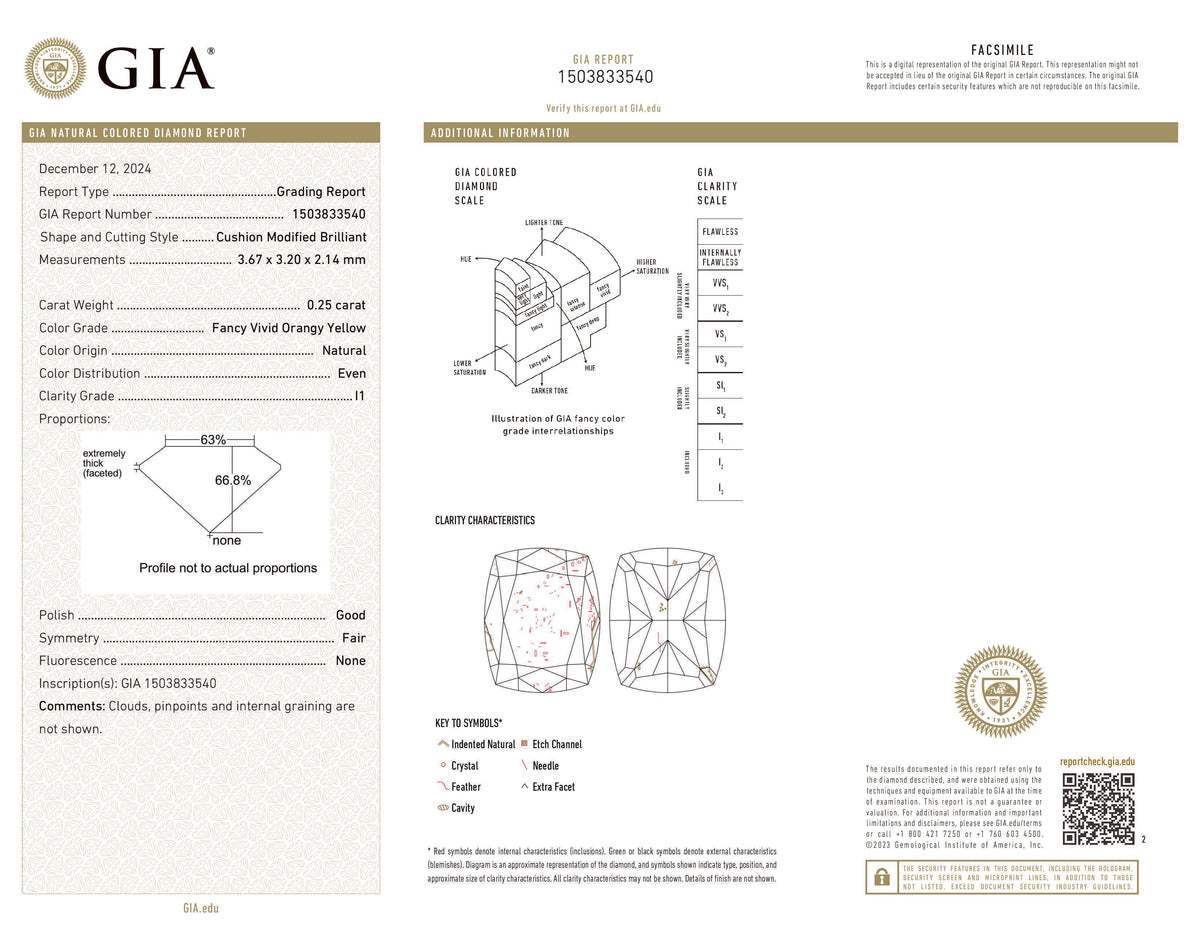 GIA Certified 0.25 CT Cushion Natural Diamond Orange Yellow Color I1 Clarity (3.67 MM)