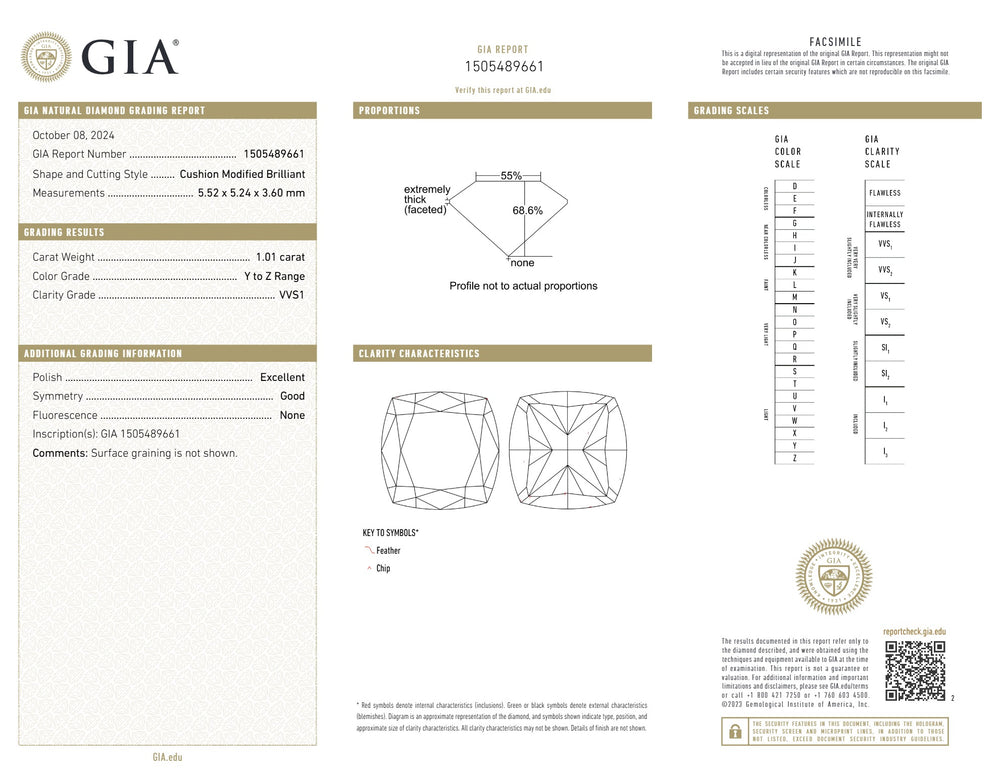 GIA Certified 1.01 CT Cushion Diamond Y To Z Color Natural Diamond VVS1 Clarity (5.52 MM)