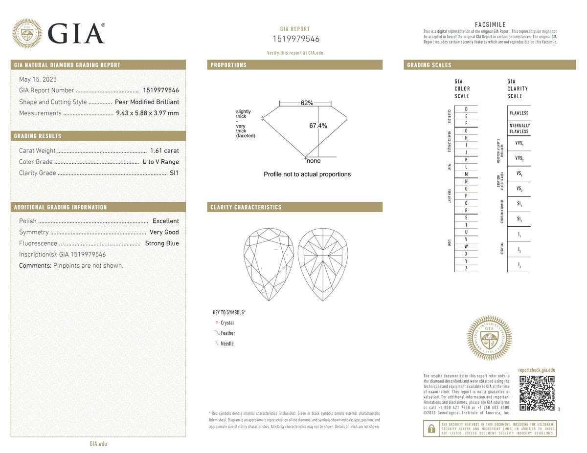 GIA Certified 1.61 CT Pear Diamond U to V Range Color Natural  Diamond (9.43 MM)