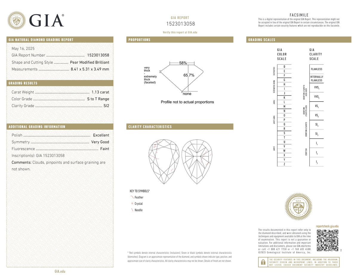 GIA Certified 1.13 CT Pear Natural Diamond Yellow Color SI2 Clarity (10.25 MM)