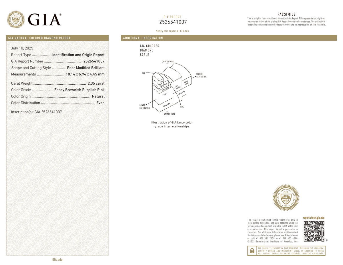 GIA Certified 2.35 CT Pear Diamond Natural Brownish Purplish Pink Color (10.14 MM)