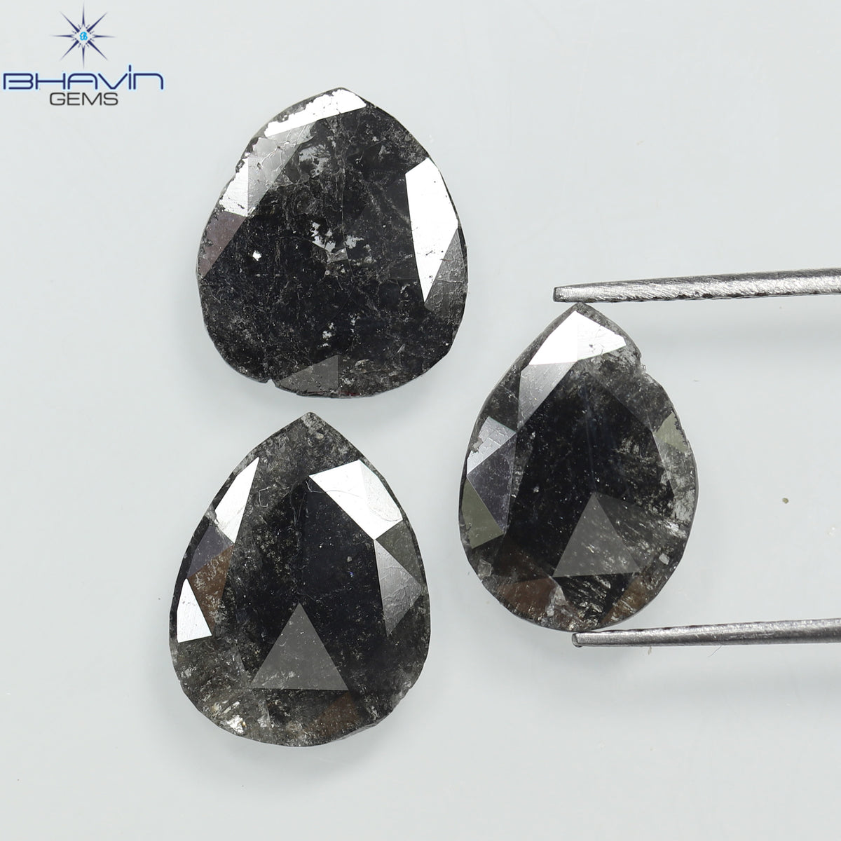 3.41 CT/3 Pcs Natural Pear Slice Diamond Salt and Pepper Color Clarity I3 (11.13 MM)