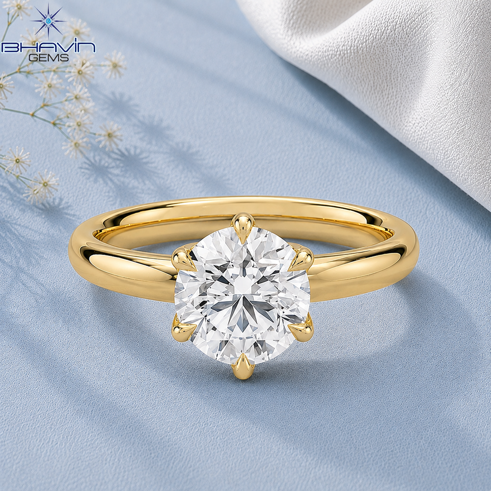 Round Brilliant Cut Solitaire Engagement Ring with 6-Prong Tulip Petal Basket in Yellow Gold