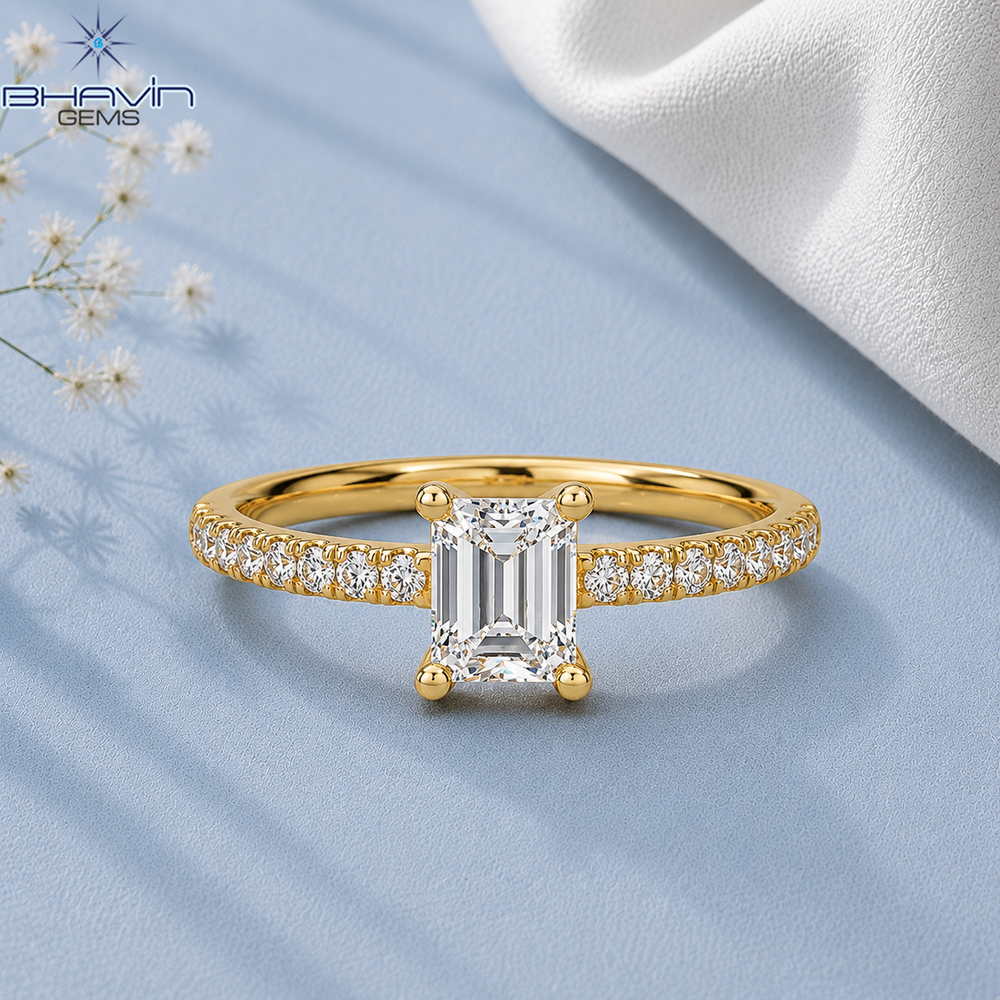 Classic Emerald Cut Diamond Engagement Ring with Pave Accents