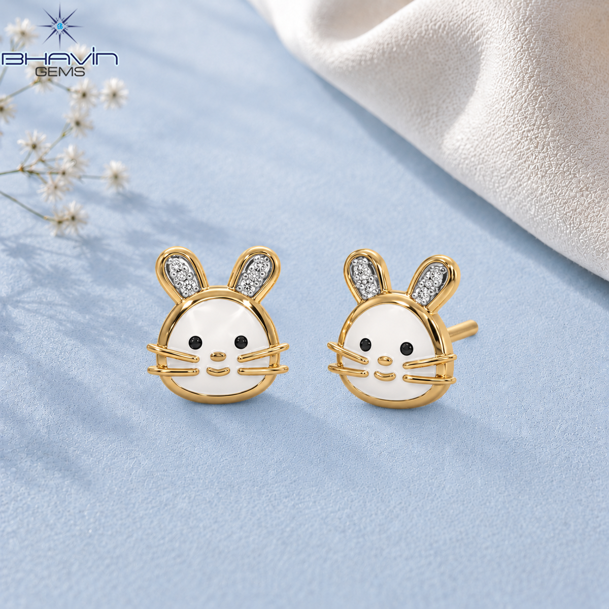 Playful Diamond Bunny Face Stud Earrings