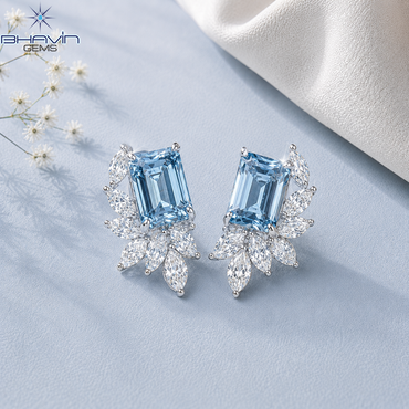 Emerald Cut Diamond Leaf Cluster Stud Earrings