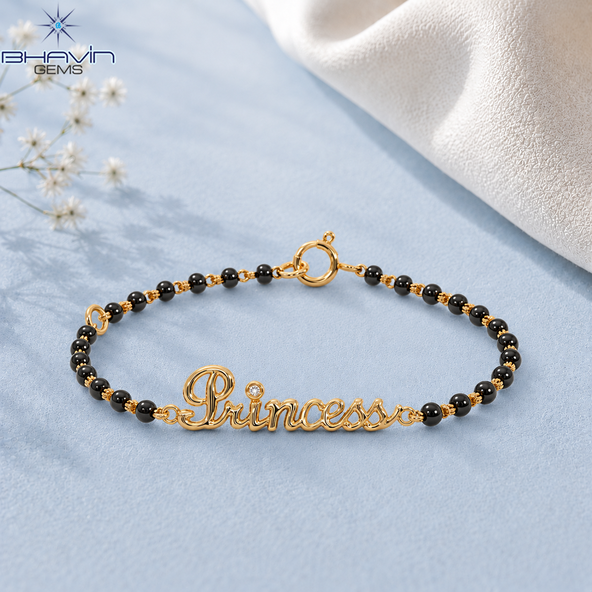 Princess Script Diamond Accent Black Beaded Bracelet