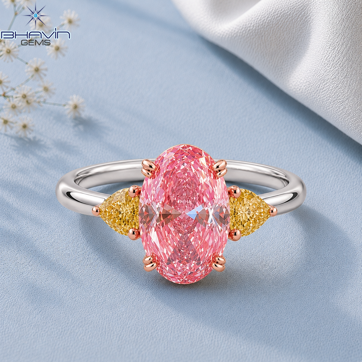 Oval Pink Lab Diamond Three Stone Ring with Yellow Accents