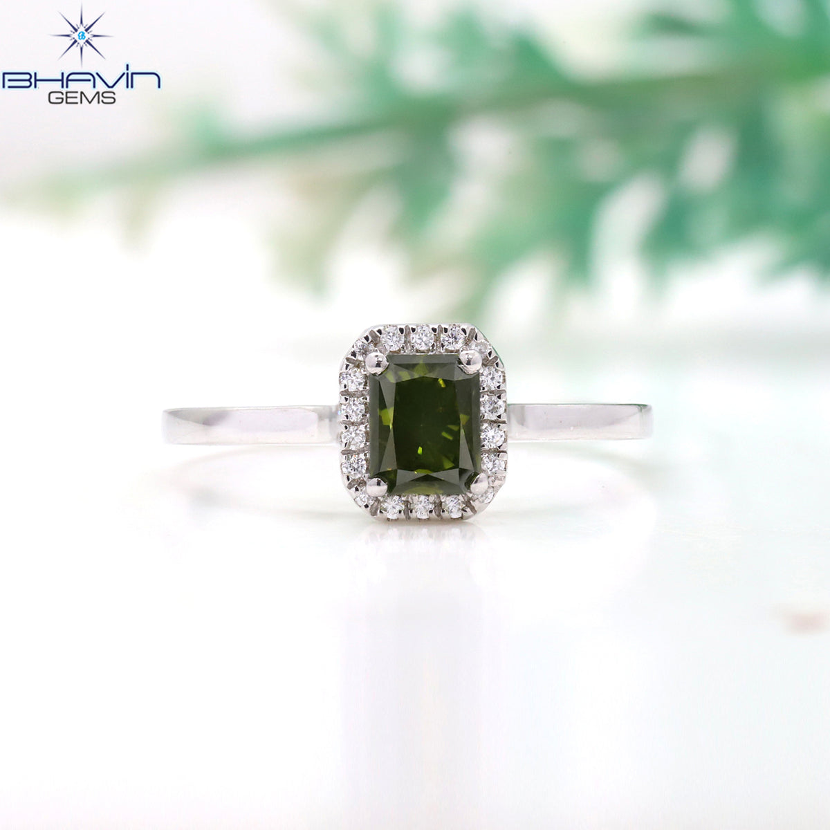 Radiant Cut Fancy Green Diamond Halo Ring in White Gold