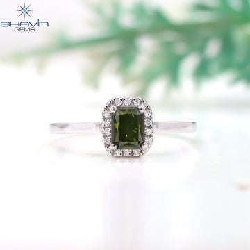 Radiant Cut Fancy Green Diamond Halo Ring in White Gold