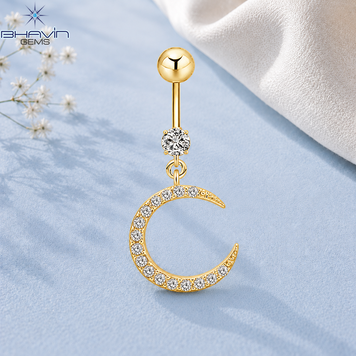 Celestial Crescent Moon Diamond Belly Button Ring with Dangling Charm